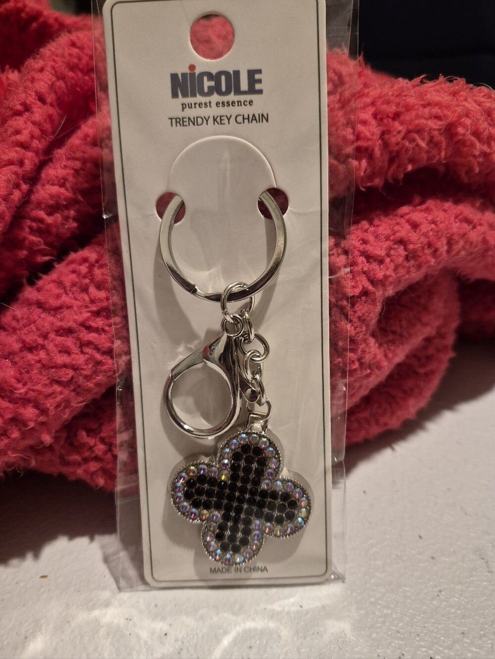 Elegant Rhinestone Silver Tone & Black Clover Keychain Bag Charm